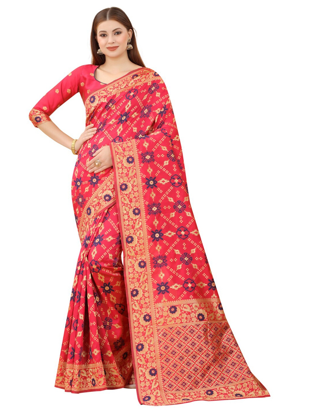 

MOKSHA DESIGNS Pink & Gold-Toned Ethnic Motifs Zari Pure Silk Kanjeevaram Saree