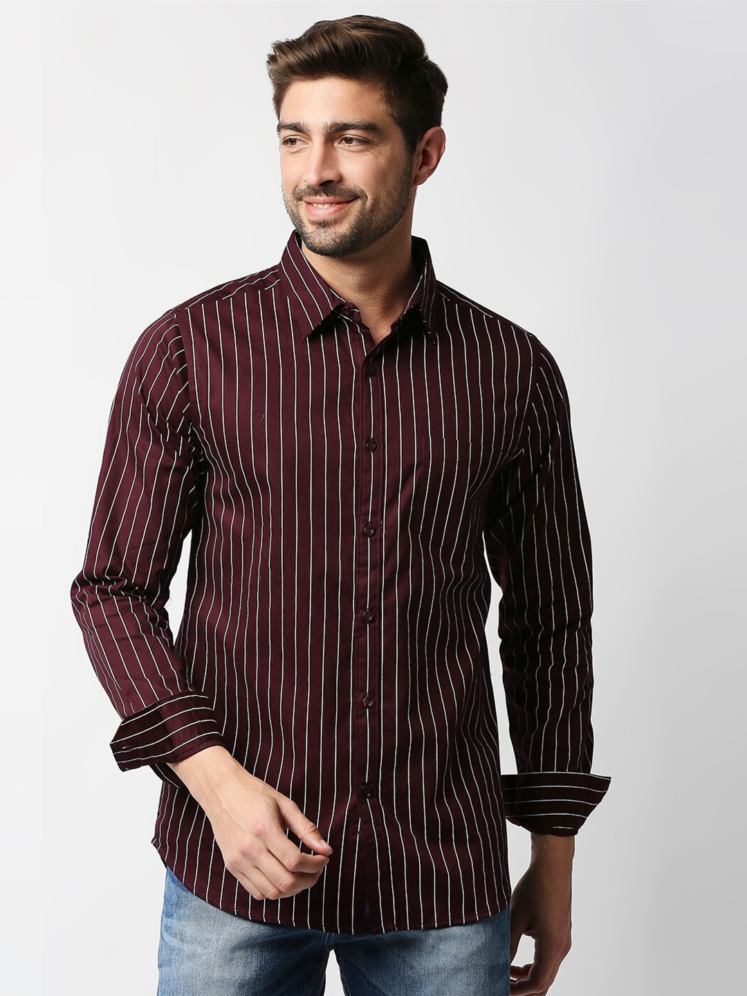 

VALEN CLUB Men Maroon Slim Fit Striped Cotton Casual Shirt