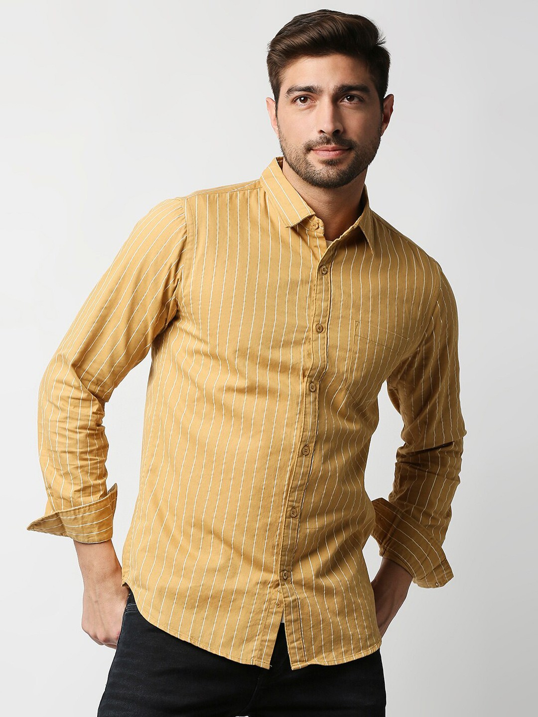 

VALEN CLUB Men Mustard Cotton Striped Casual Shirt