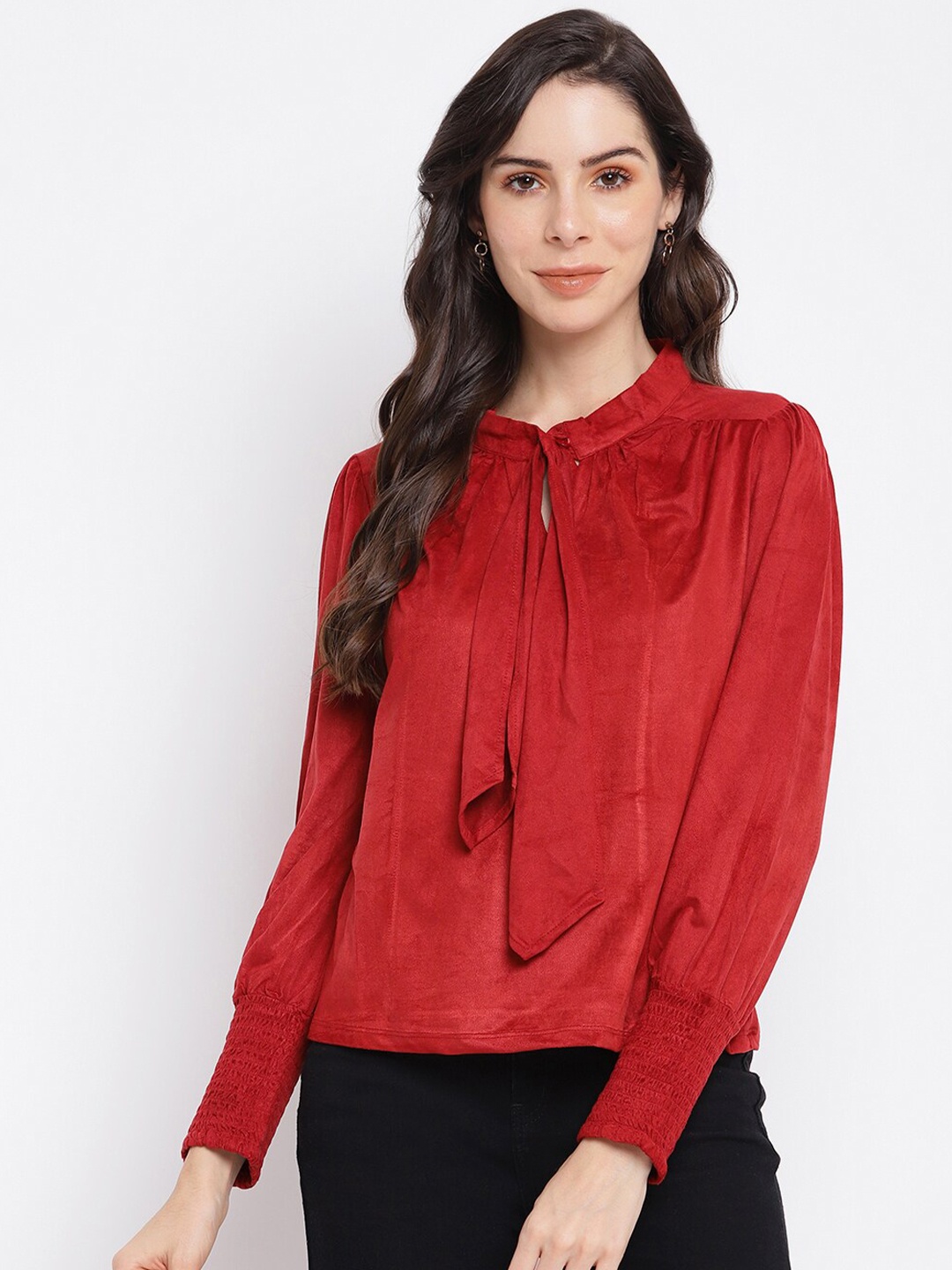 

Latin Quarters Women Maroon Tie-Up Neck Top