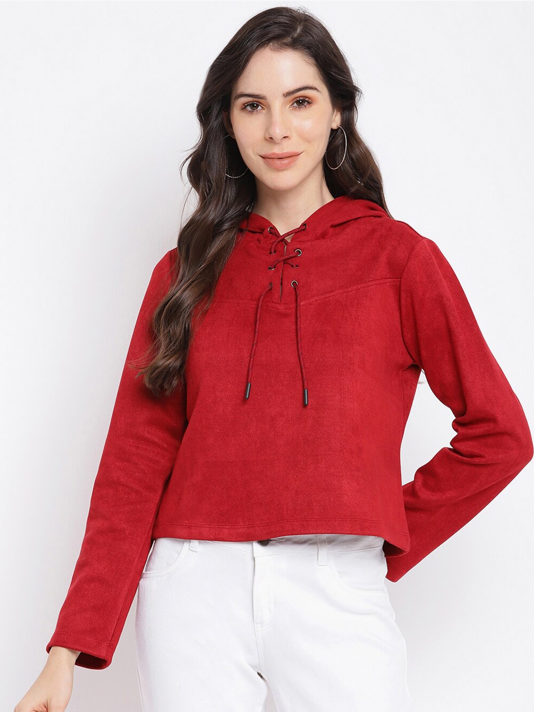 

Latin Quarters Women Maroon Solid Hooded Crop Pullover Sweater