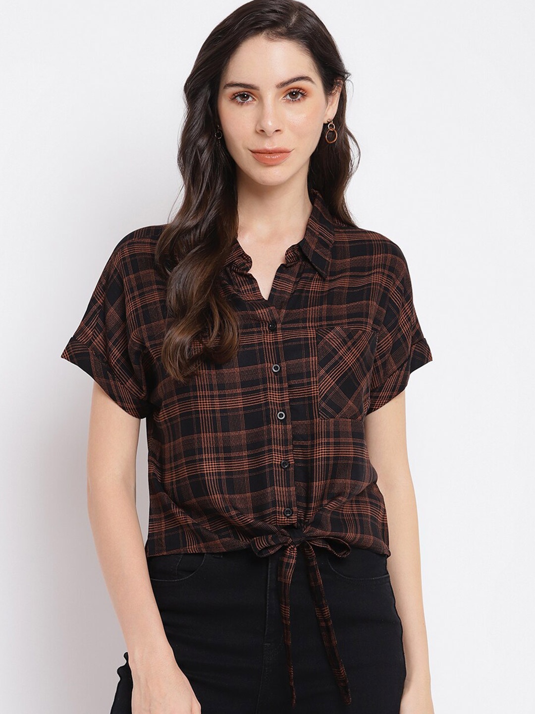 

Latin Quarters Women Brown & Black Checked Extended Sleeves Shirt Style Crop Top