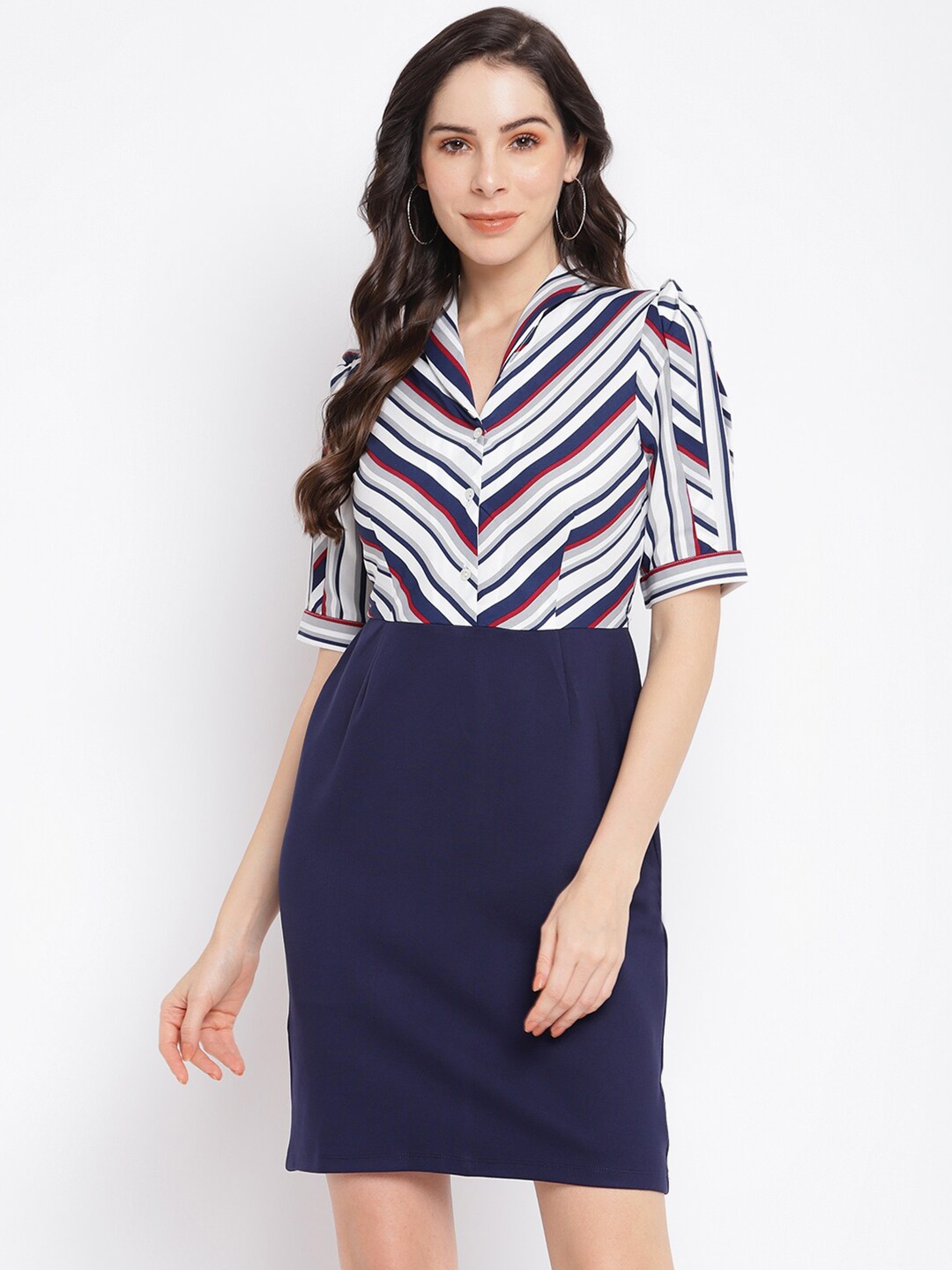 

Latin Quarters Women Blue Striped Sheath Dress