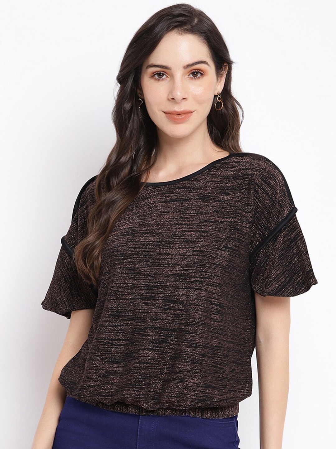 

Latin Quarters Black & Brown Self-Design Extended Sleeves Top