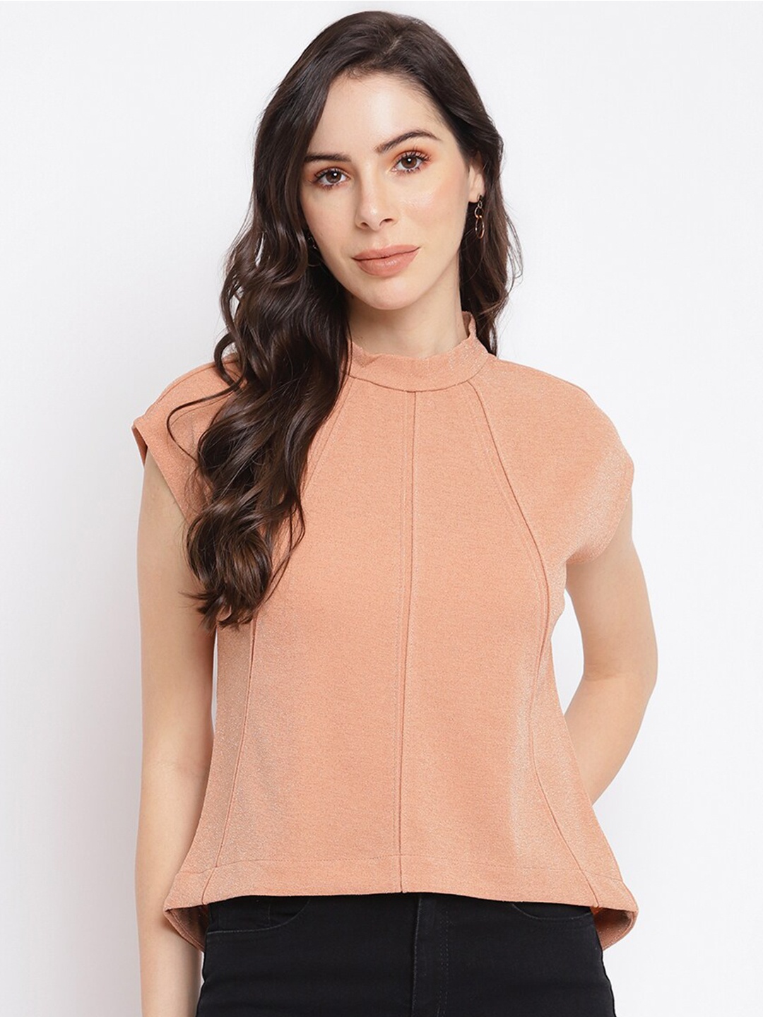 

Latin Quarters Beige High Neck Cap Sleeve Top