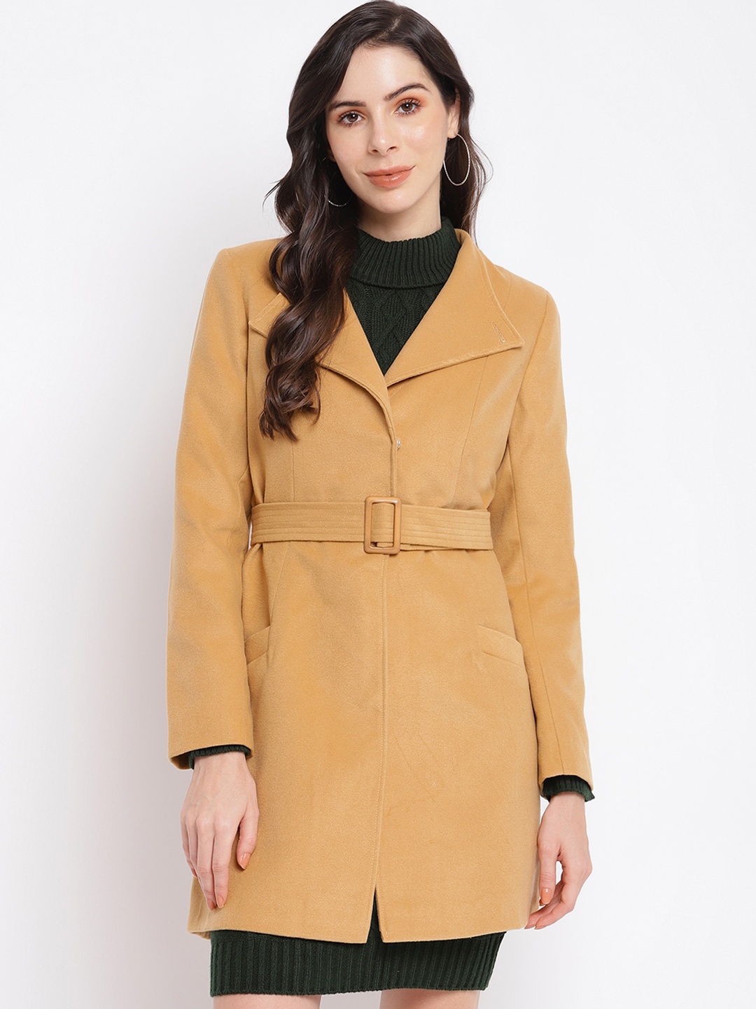 

Latin Quarters Women Mustard Yellow Solid Over Coats