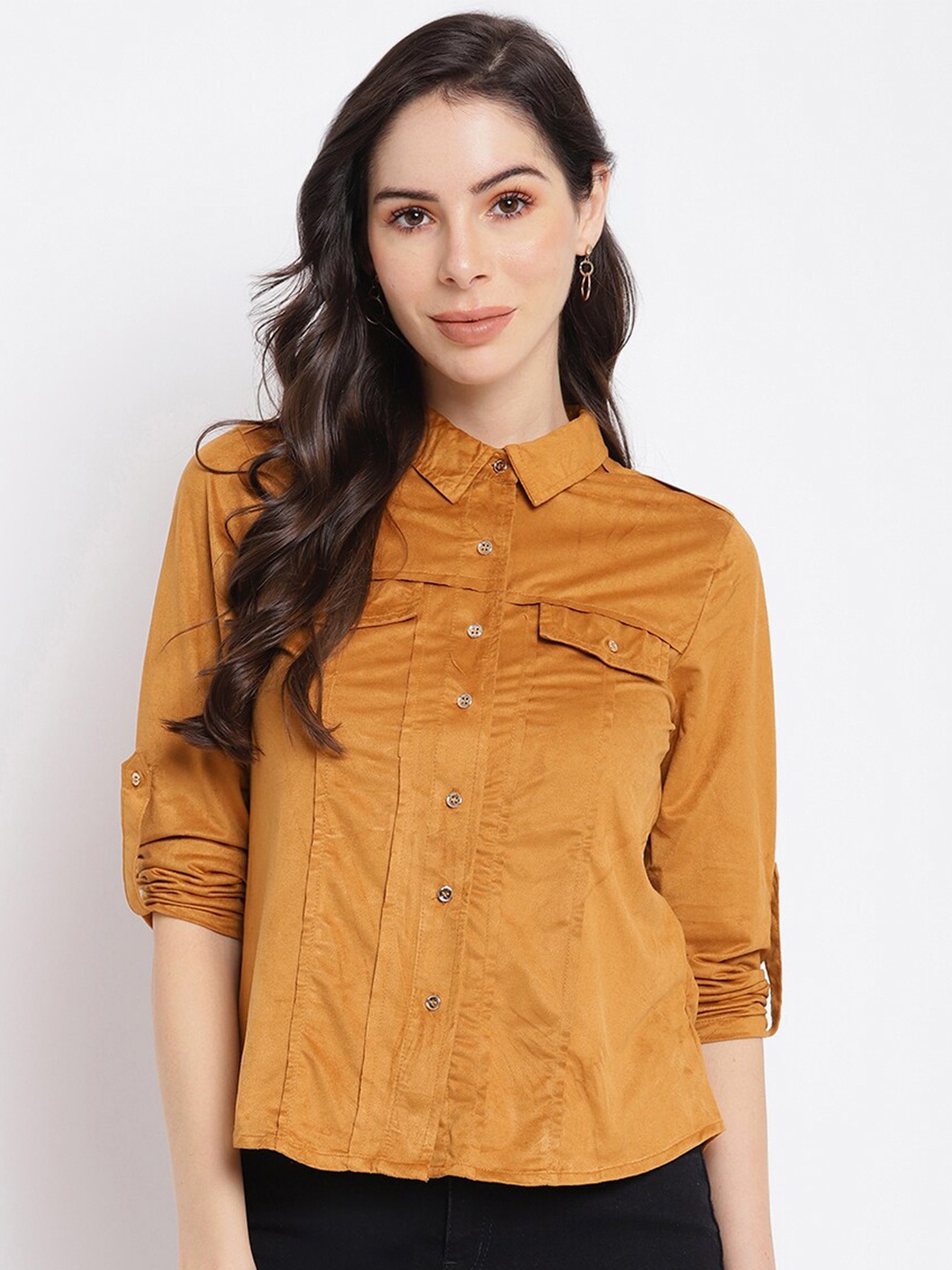 

Latin Quarters Women Brown Roll-Up Sleeves Shirt Style Top