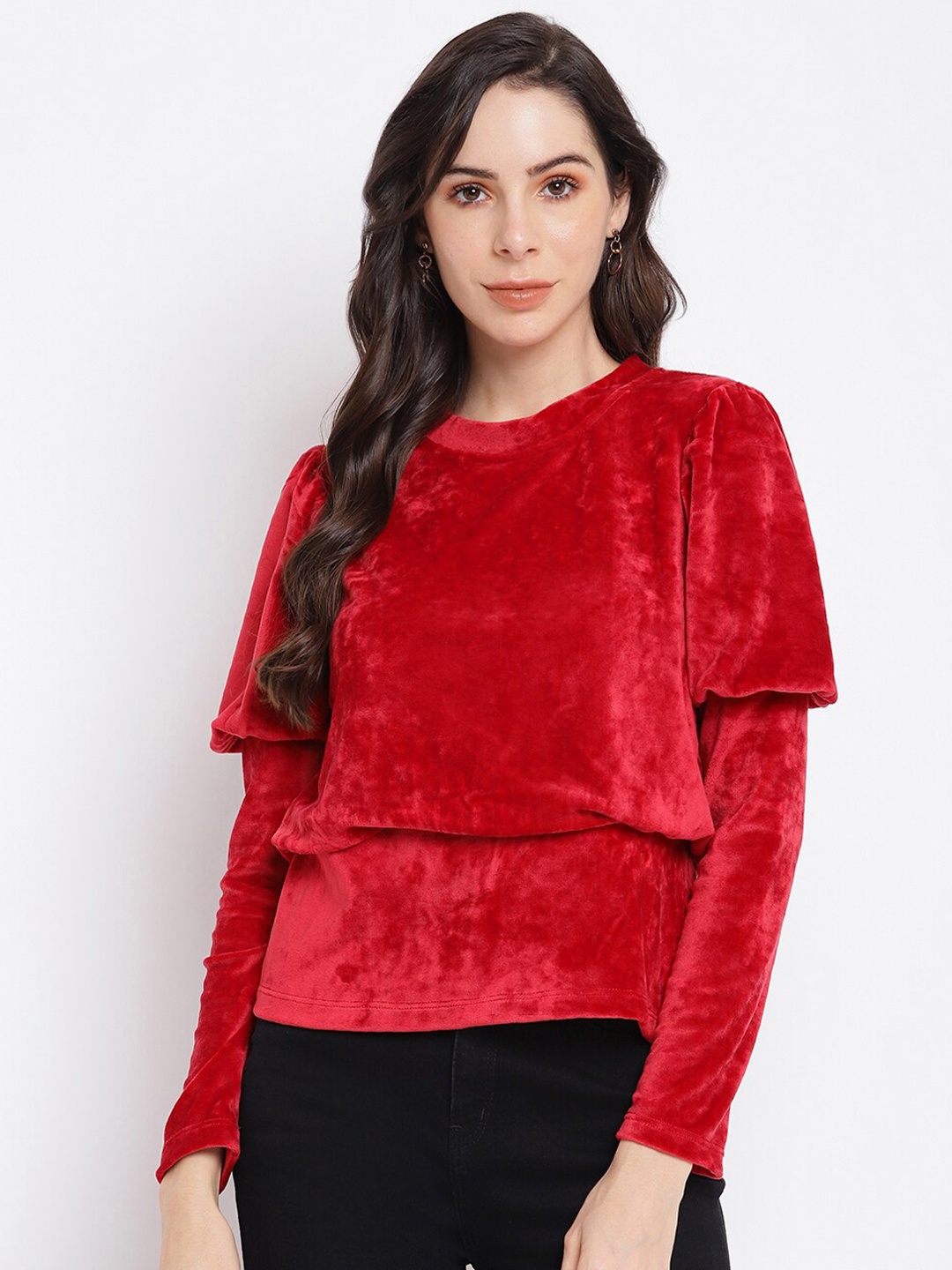 

Latin Quarters Maroon Puff Sleeves Cinched Waist Top