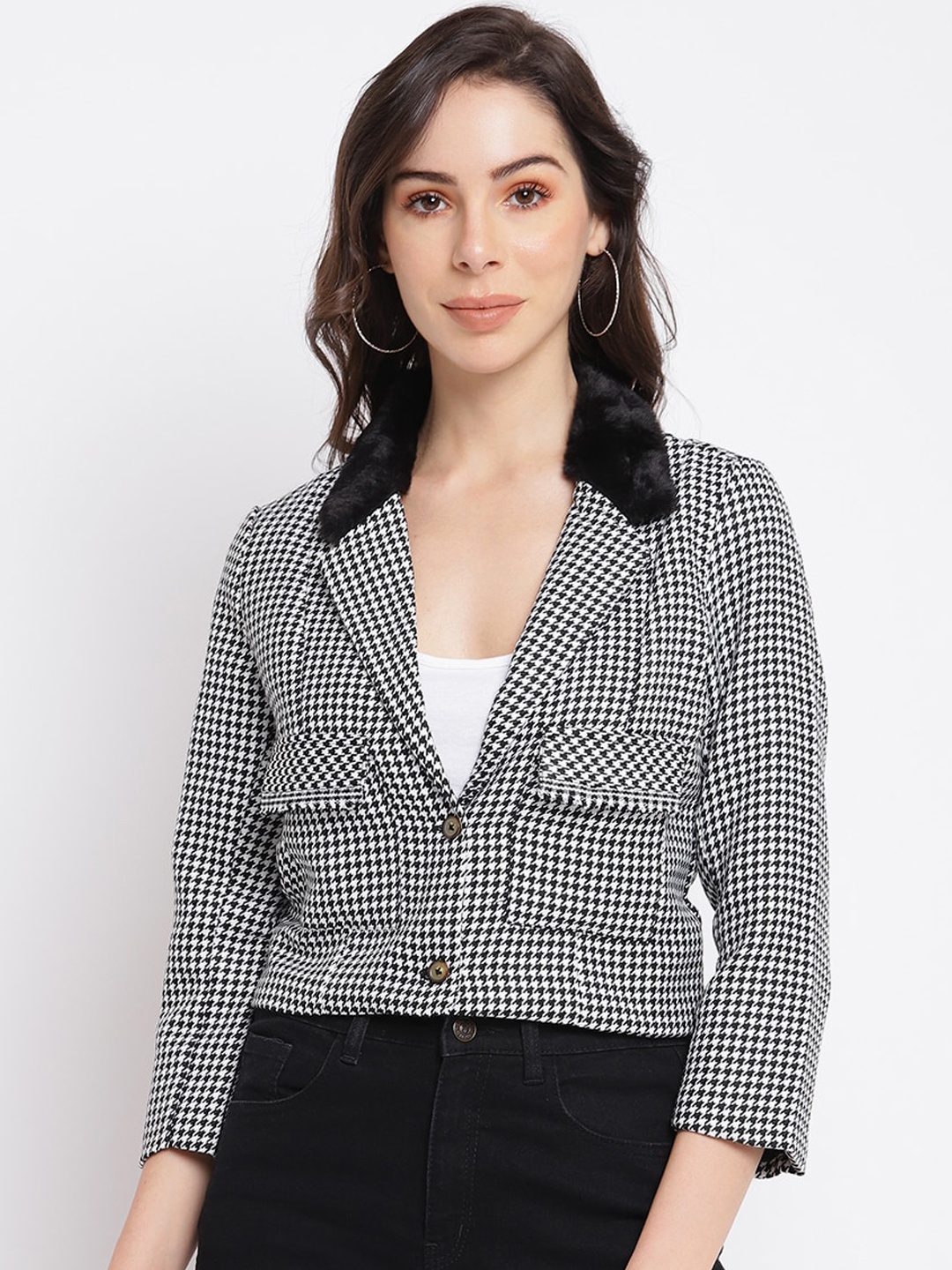 

Latin Quarters Women Black White Checked Crop Tailored Jacket