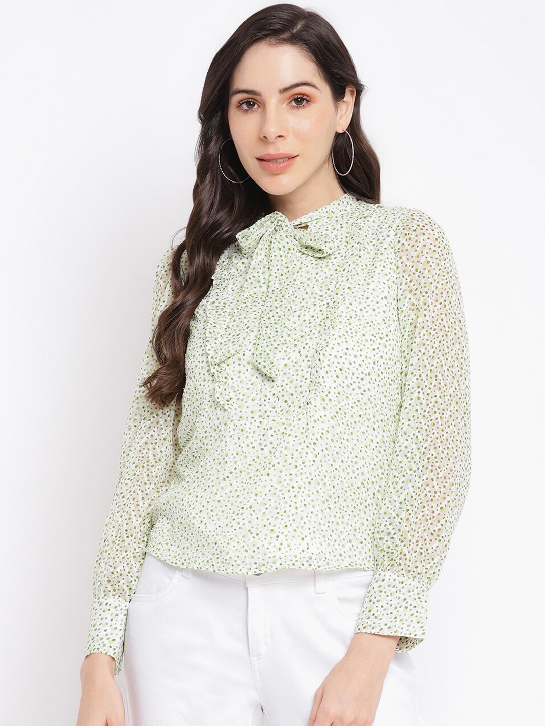 

Latin Quarters Women Green Printed Tie-Up Neck Long Sleeves Shirt Style Top