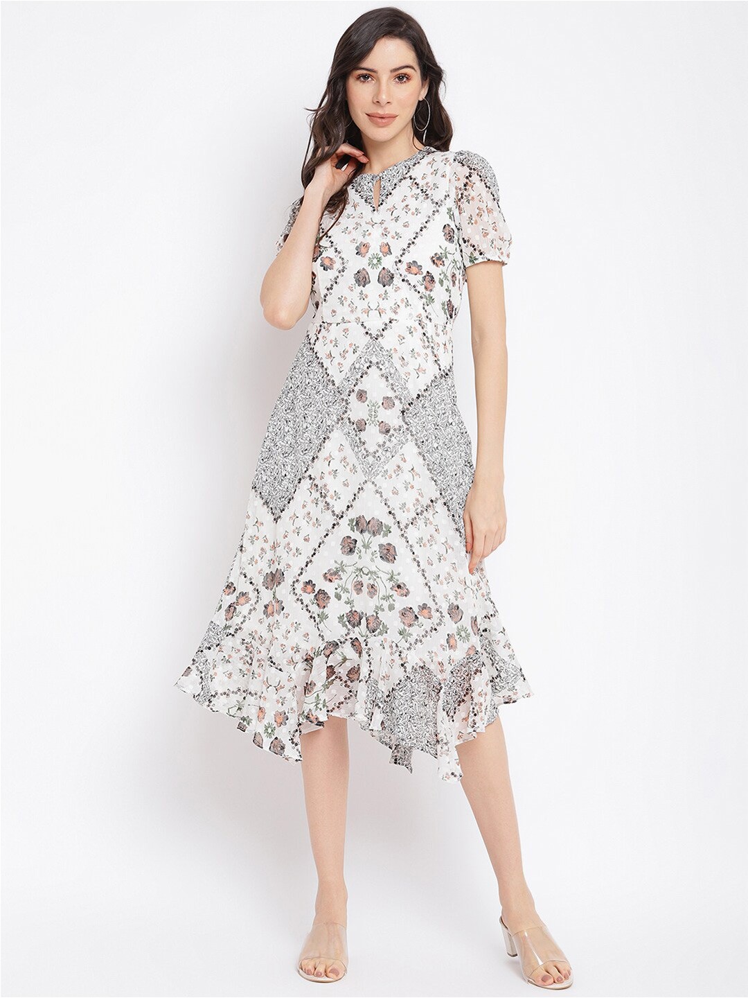 

Latin Quarters Off White Floral Keyhole Neck A-Line Midi Dress