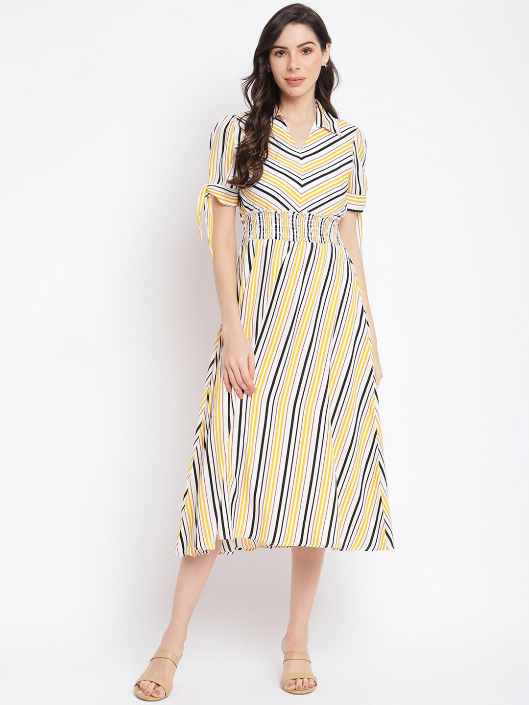 

Latin Quarters Women Yellow & White Striped Empire Midi Dress