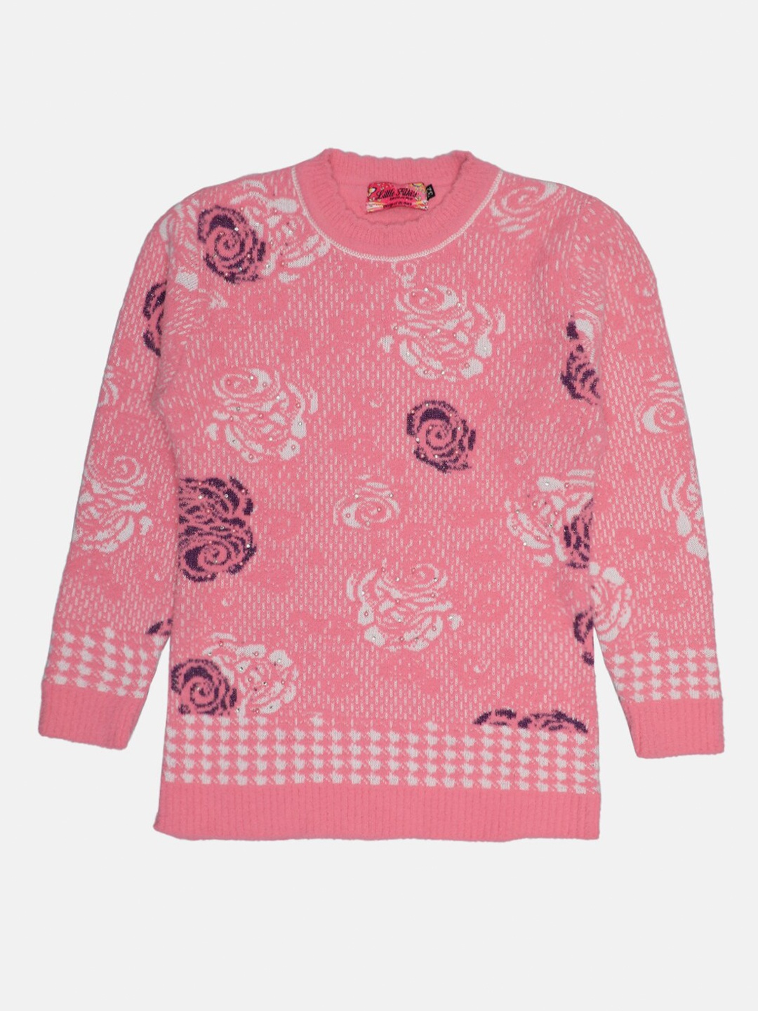 

CHIMPRALA Girls Pink Floral Knitted Embellished Detail Pullover Sweater