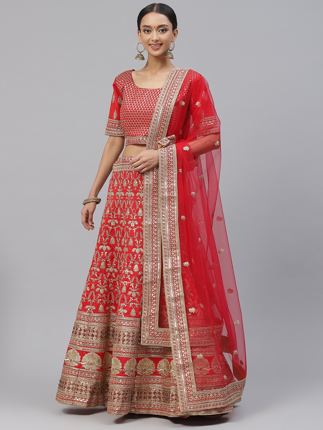 

Divine International Trading Co Red & Gold-Toned Embroidered Zardozi Semi-Stitched Lehenga & Unstitched