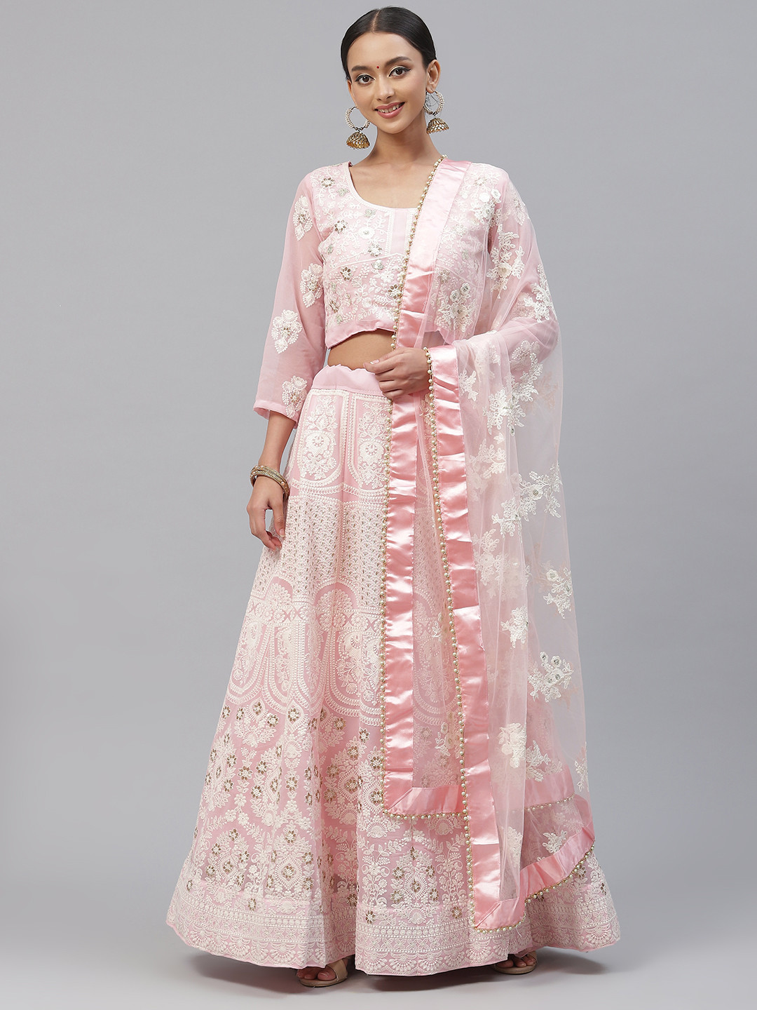 

Divine International Trading Co Pink & Off White Embroidered Sequinned Semi-Stitched Lehenga & Unstitched
