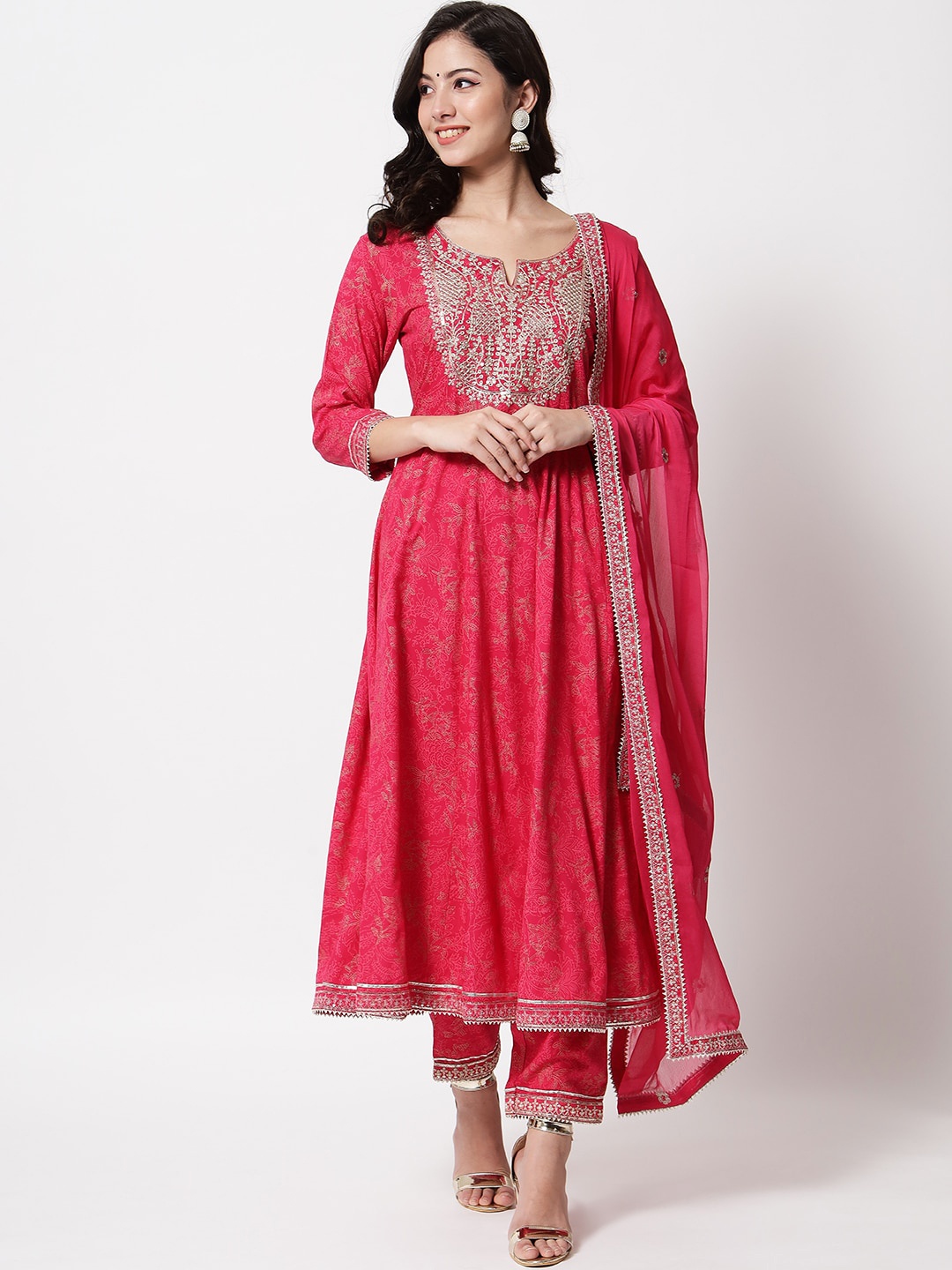 

IkDaiya Women Pink Floral Empire Kurta with Trousers & With Dupatta