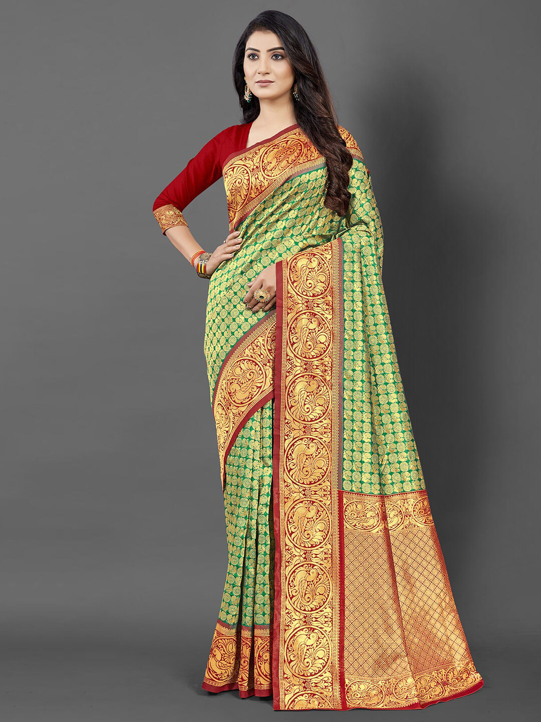 

Mitera Women Green & Gold-Toned Floral Zari Silk Blend Banarasi Saree