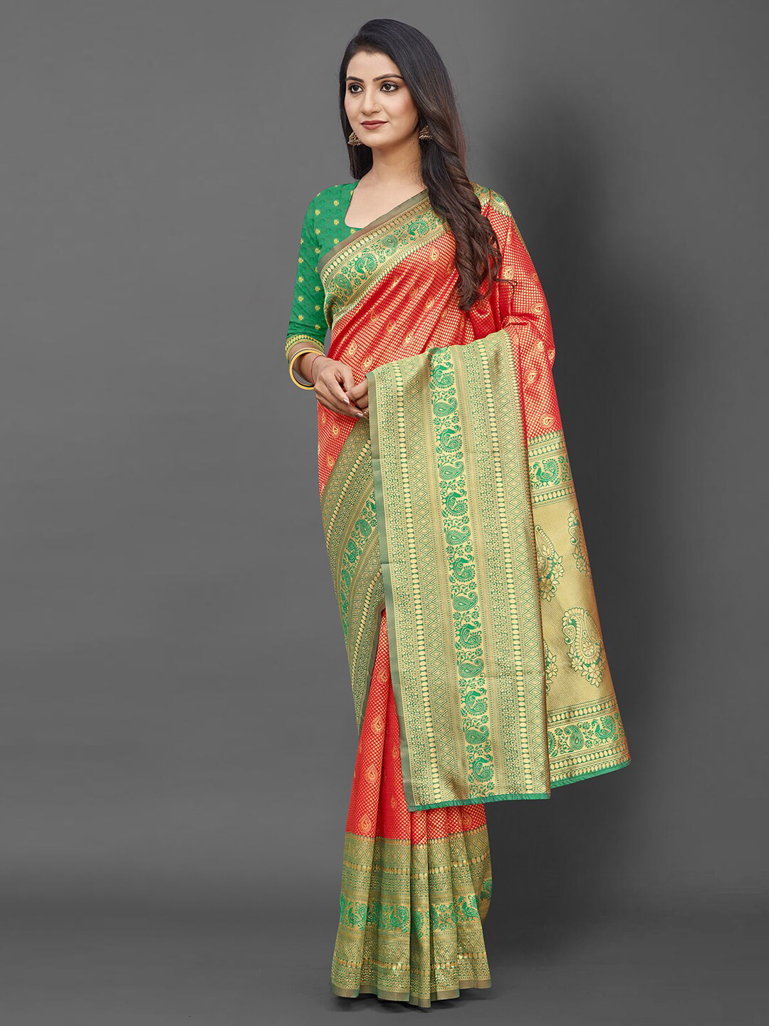 

Mitera Red & Green Woven Design Zari Silk Blend Banarasi Saree