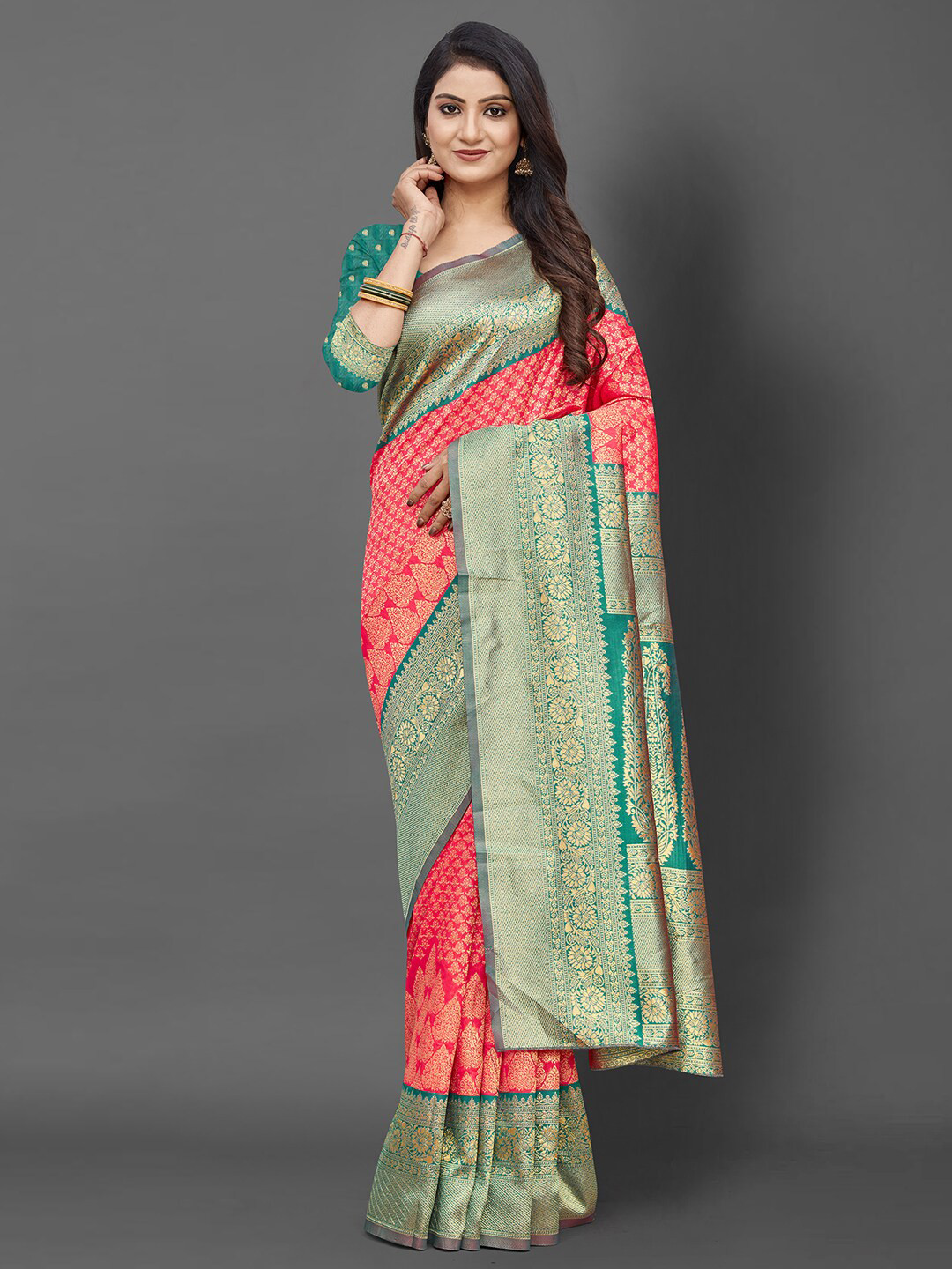 

Mitera Pink & Green Ethnic Motifs Zari Silk Blend Banarasi Saree