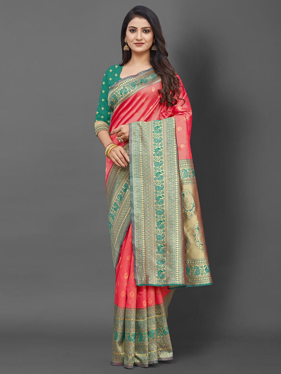 

Mitera Pink & Green Woven Design Zari Silk Blend Banarasi Saree