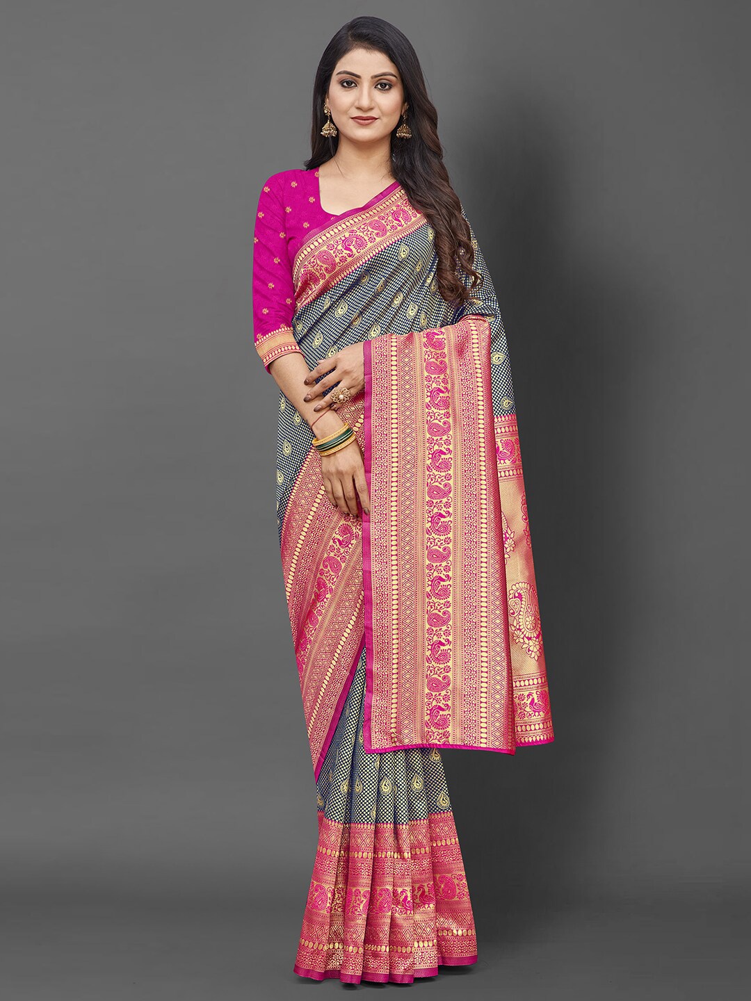

Mitera Navy Blue & Pink Ethnic Motifs Zari Silk Blend Banarasi Saree