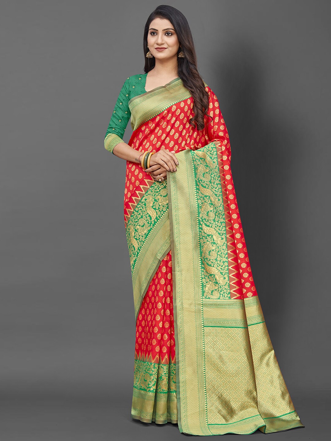 

Mitera Red & Gold-Toned Woven Design Zari Silk Blend Banarasi Saree