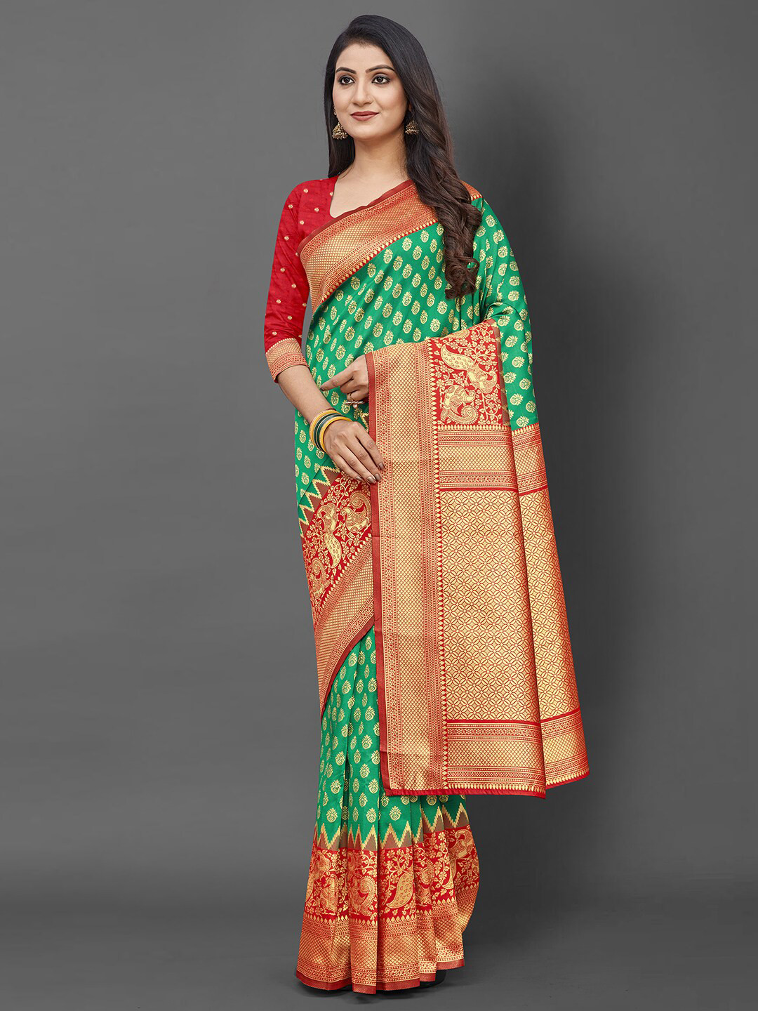 

Mitera Green & Red Ethnic Motifs Zari Silk Blend Banarasi Saree