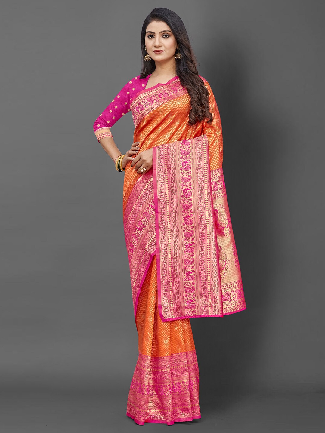 

Mitera Orange & Pink Ethnic Motifs Zari Silk Blend Banarasi Saree