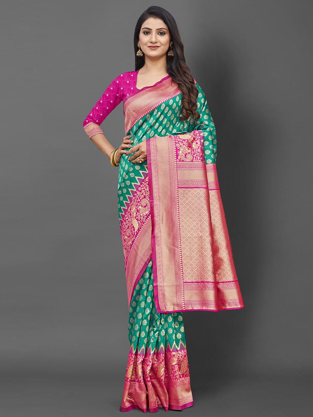 

Mitera Teal & Pink Woven Design Zari Silk Blend Banarasi Saree