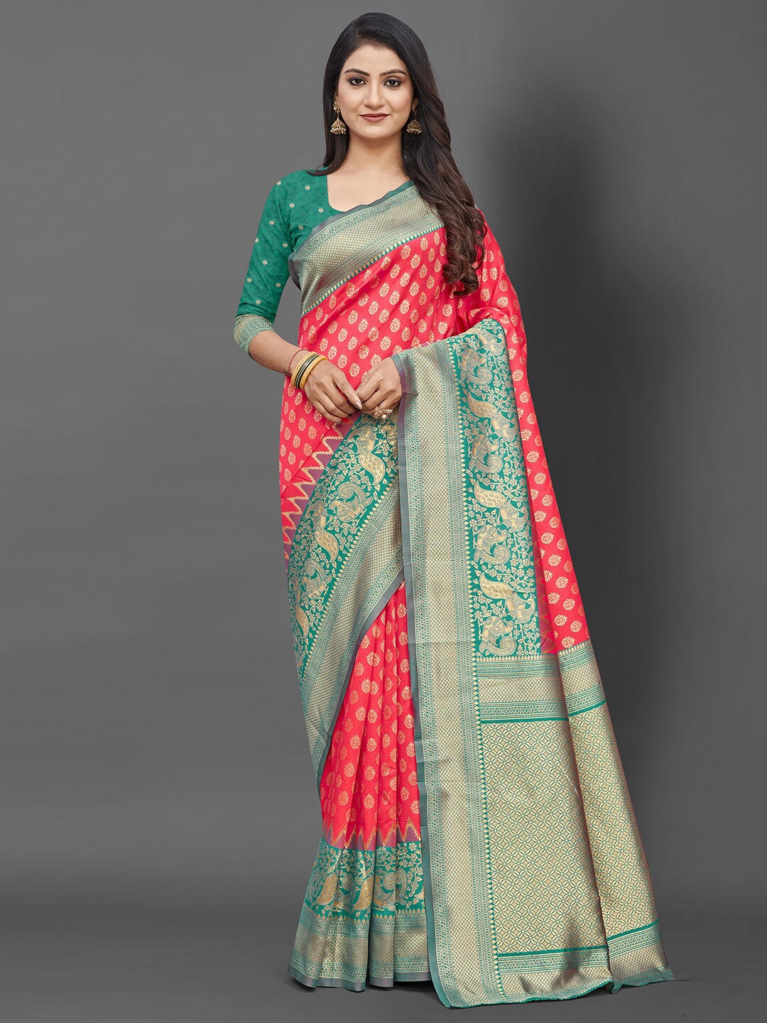 

Mitera Red & Green Woven Design Zari Silk Blend Banarasi Saree