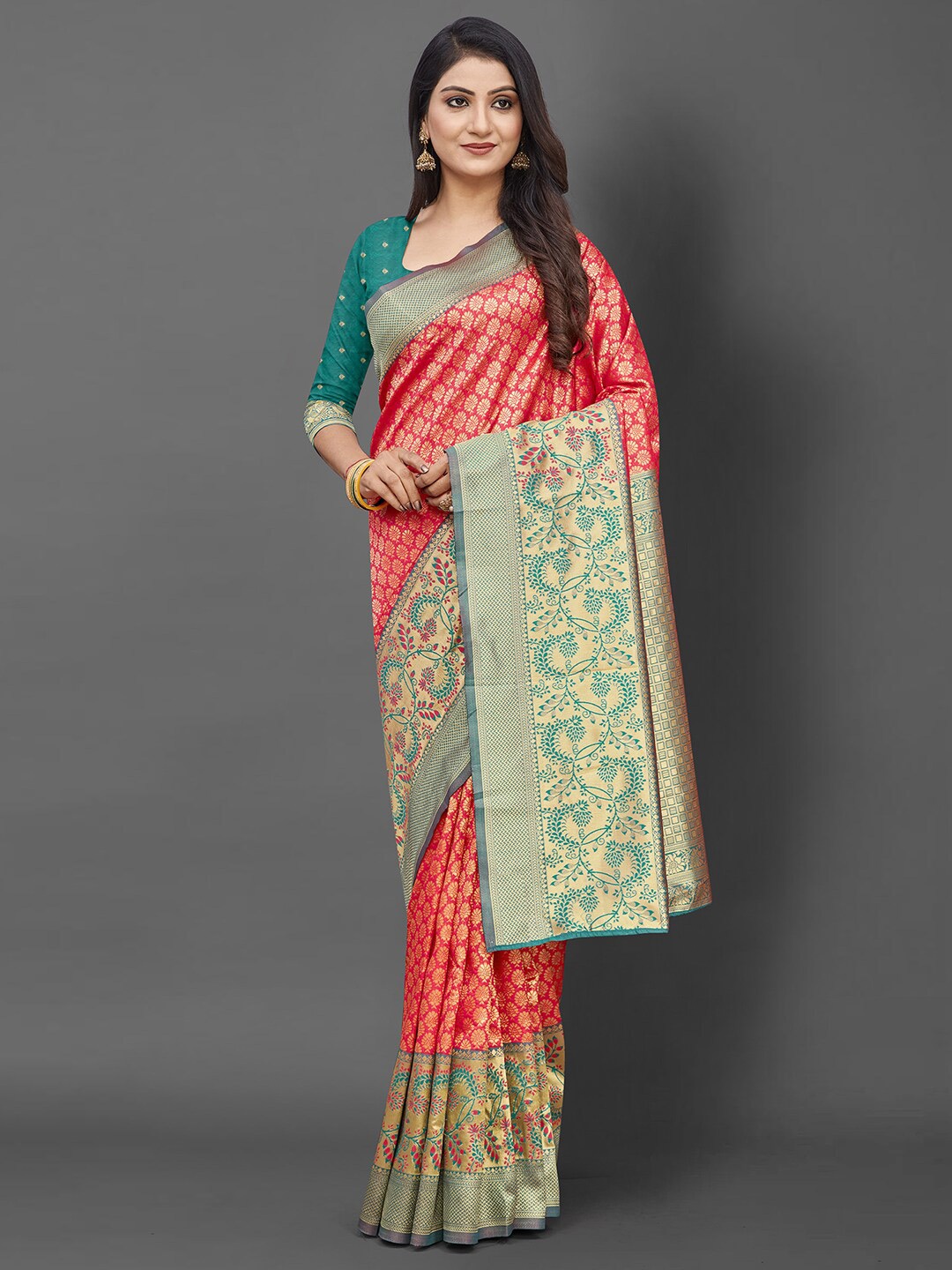 

Mitera Red & Green Ethnic Motifs Zari Silk Blend Banarasi Saree