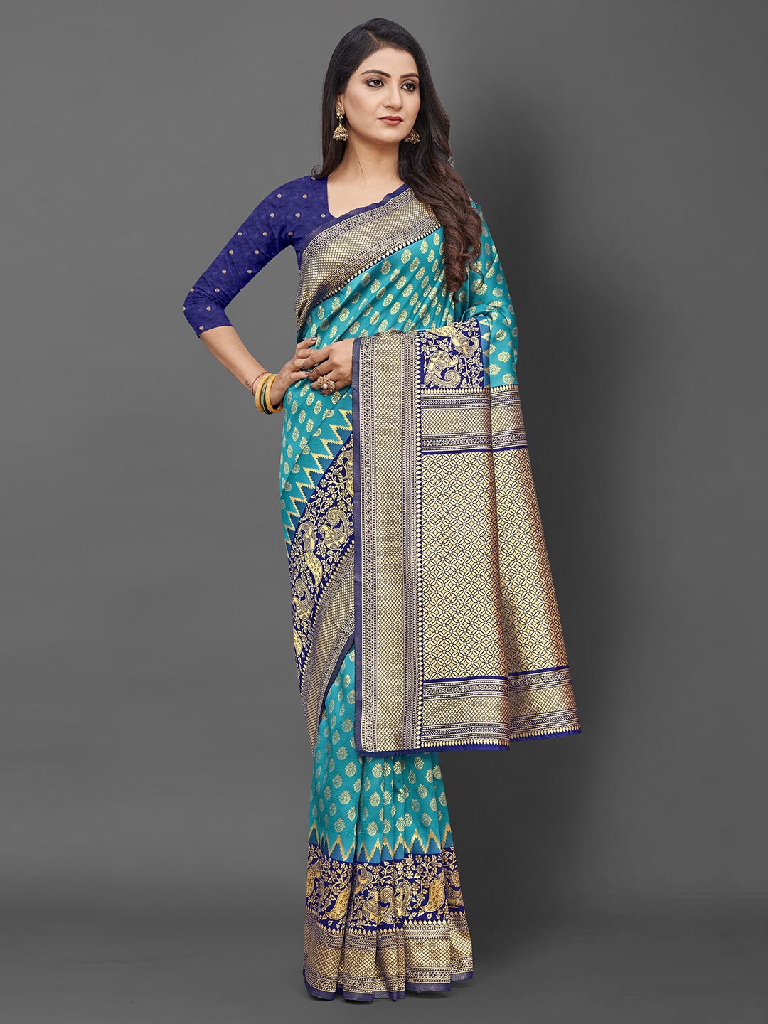 

Mitera Blue & Gold-Toned Ethnic Motifs Zari Silk Blend Banarasi Saree