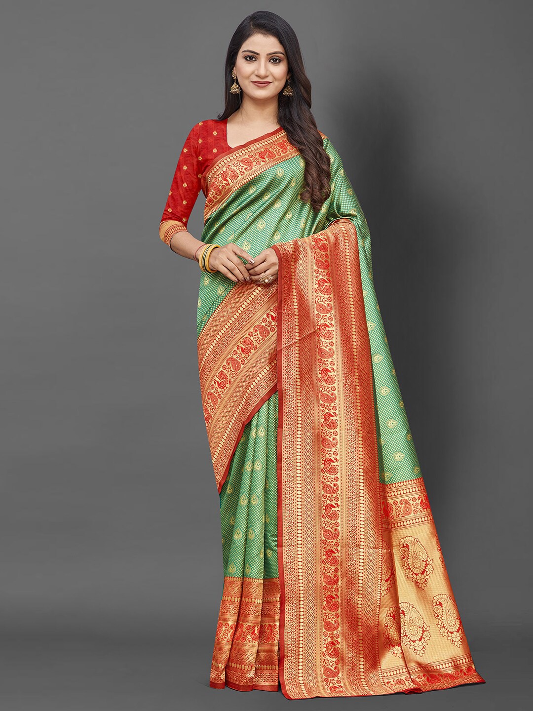 

Mitera Green & Red Woven Design Zari Silk Blend Banarasi Saree