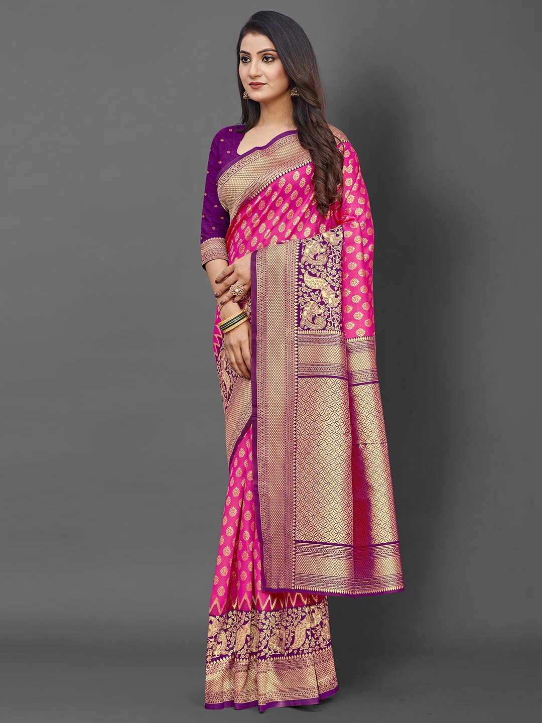 

Mitera Pink And Purple Woven Design Zari Banarasi Saree