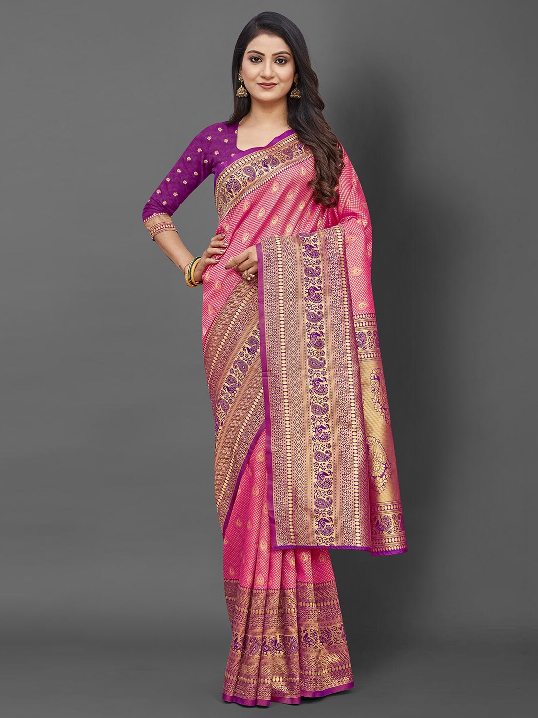 

Mitera Pink & Gold-Toned Ethnic Motifs Zari Silk Blend Banarasi Saree