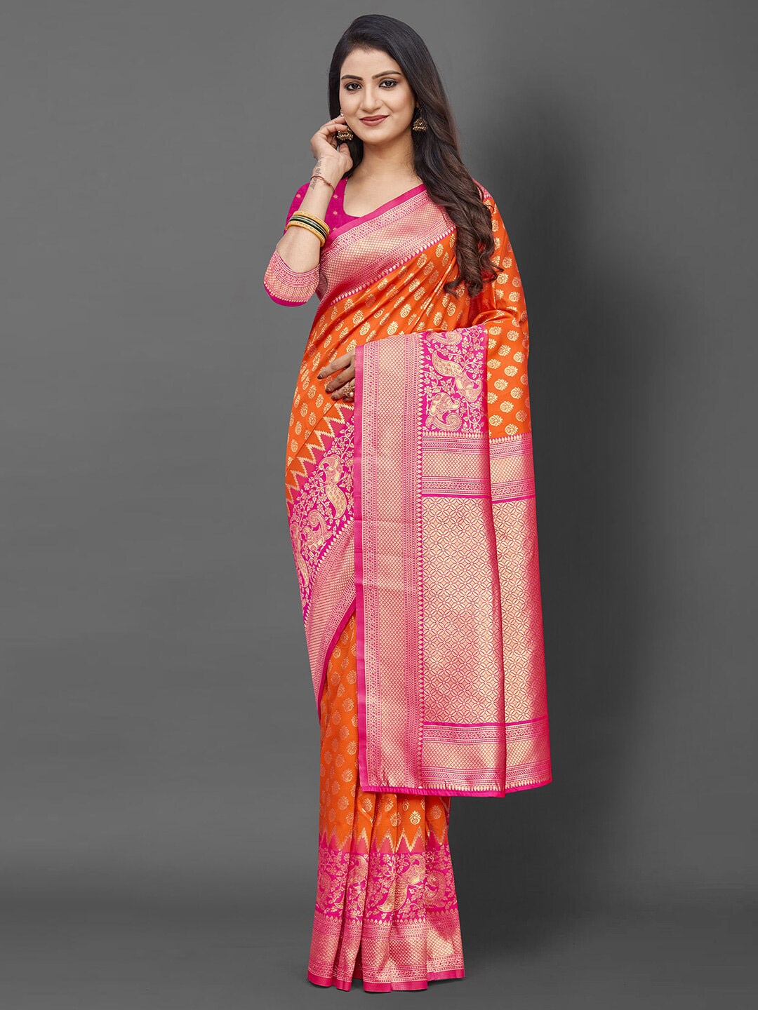 

Mitera Orange & Pink Ethnic Motifs Zari Silk Blend Banarasi Saree