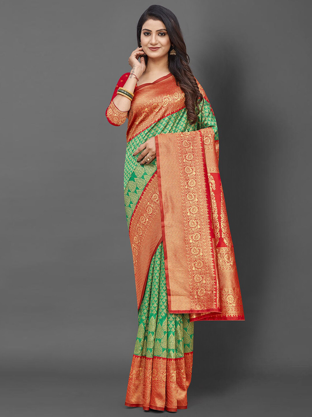 

Mitera Green & Red Woven Design Zari Silk Blend Banarasi Saree