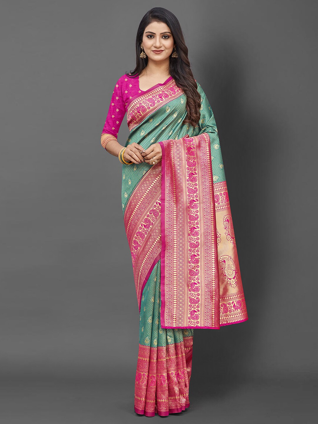 

Mitera Women Teal & Pink Floral Zari Silk Blend Banarasi Saree