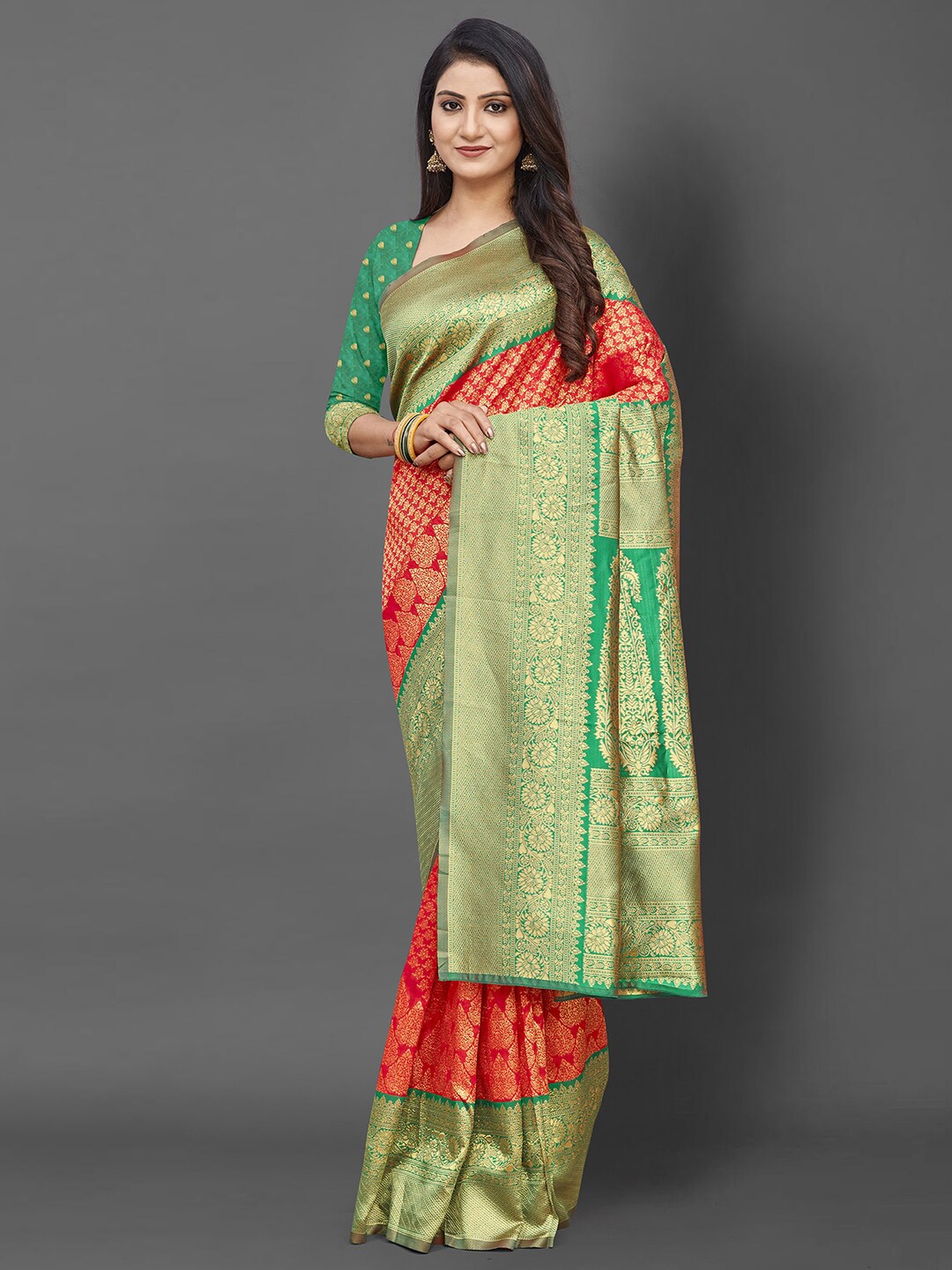 

Mitera Red & Green Woven Design Zari Silk Blend Banarasi Saree