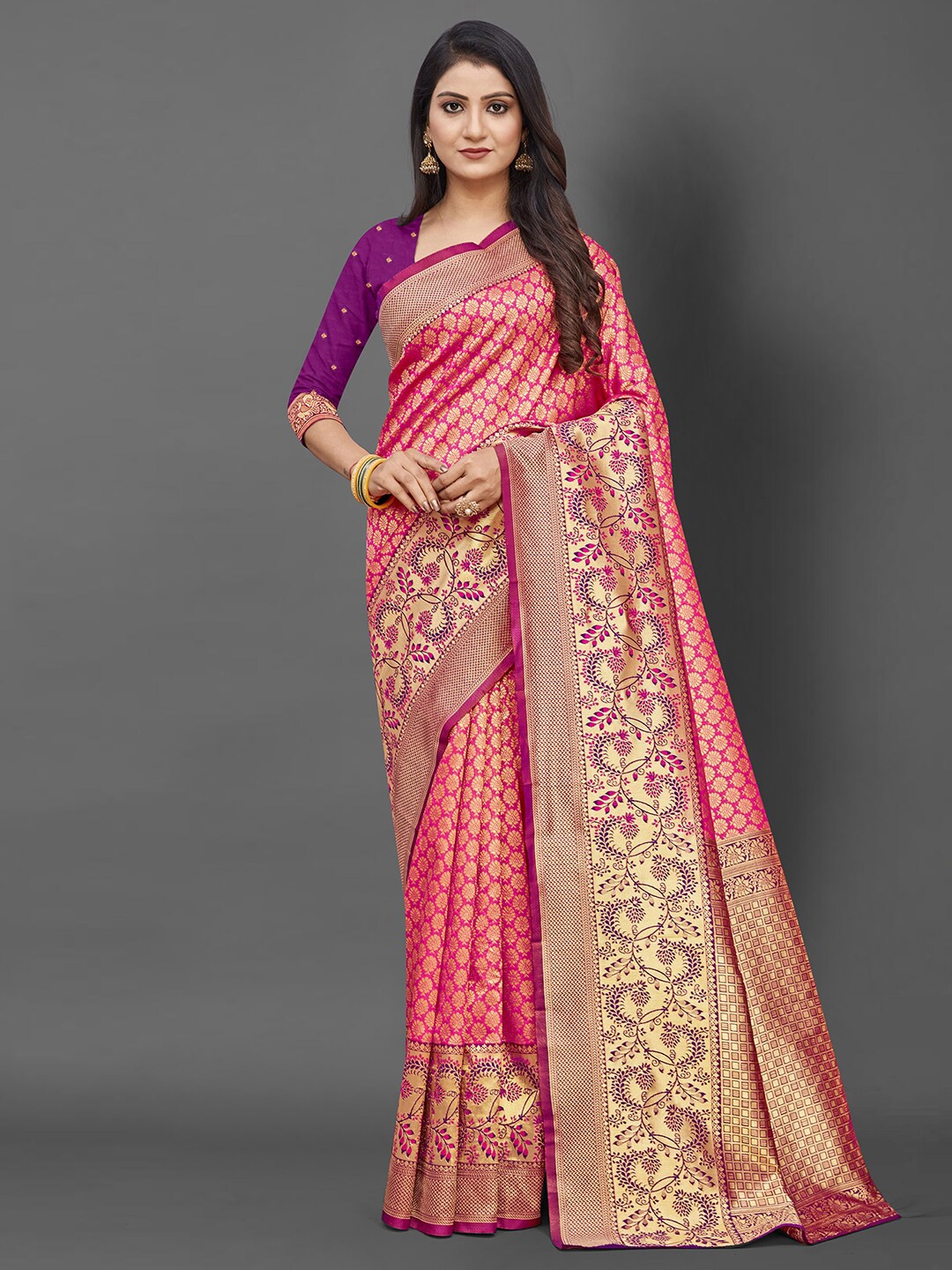 

Mitera Pink & Gold-Toned Ethnic Motifs Zari Silk Blend Banarasi Saree