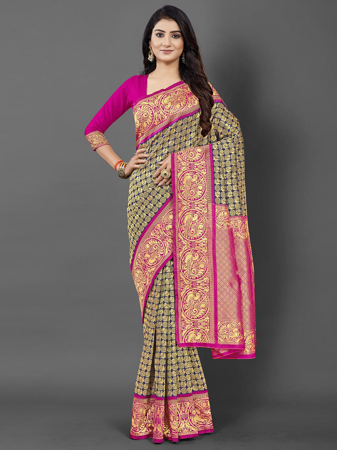 

Mitera Navy Blue & Pink Ethnic Motifs Zari Silk Blend Banarasi Saree