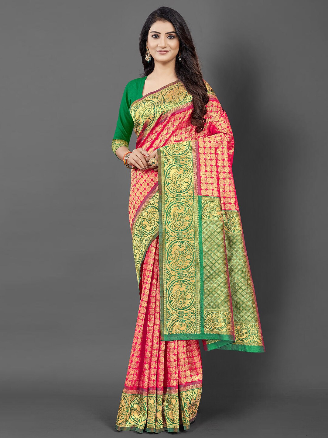 

Mitera Pink & Green Woven Design Zari Silk Blend Banarasi Saree