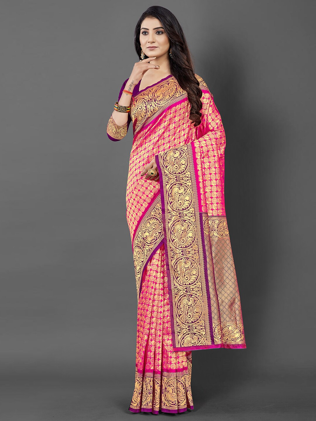 

Mitera Pink & Gold-Toned Ethnic Motifs Zari Silk Blend Banarasi Saree
