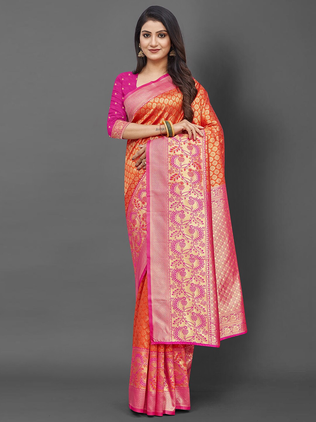 

Mitera Orange & Pink Woven Design Zari Silk Blend Banarasi Saree