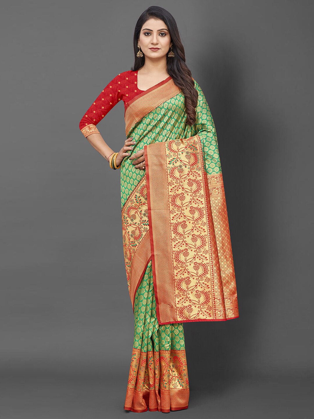 

Mitera Green & Red Woven Design Zari Silk Blend Banarasi Saree