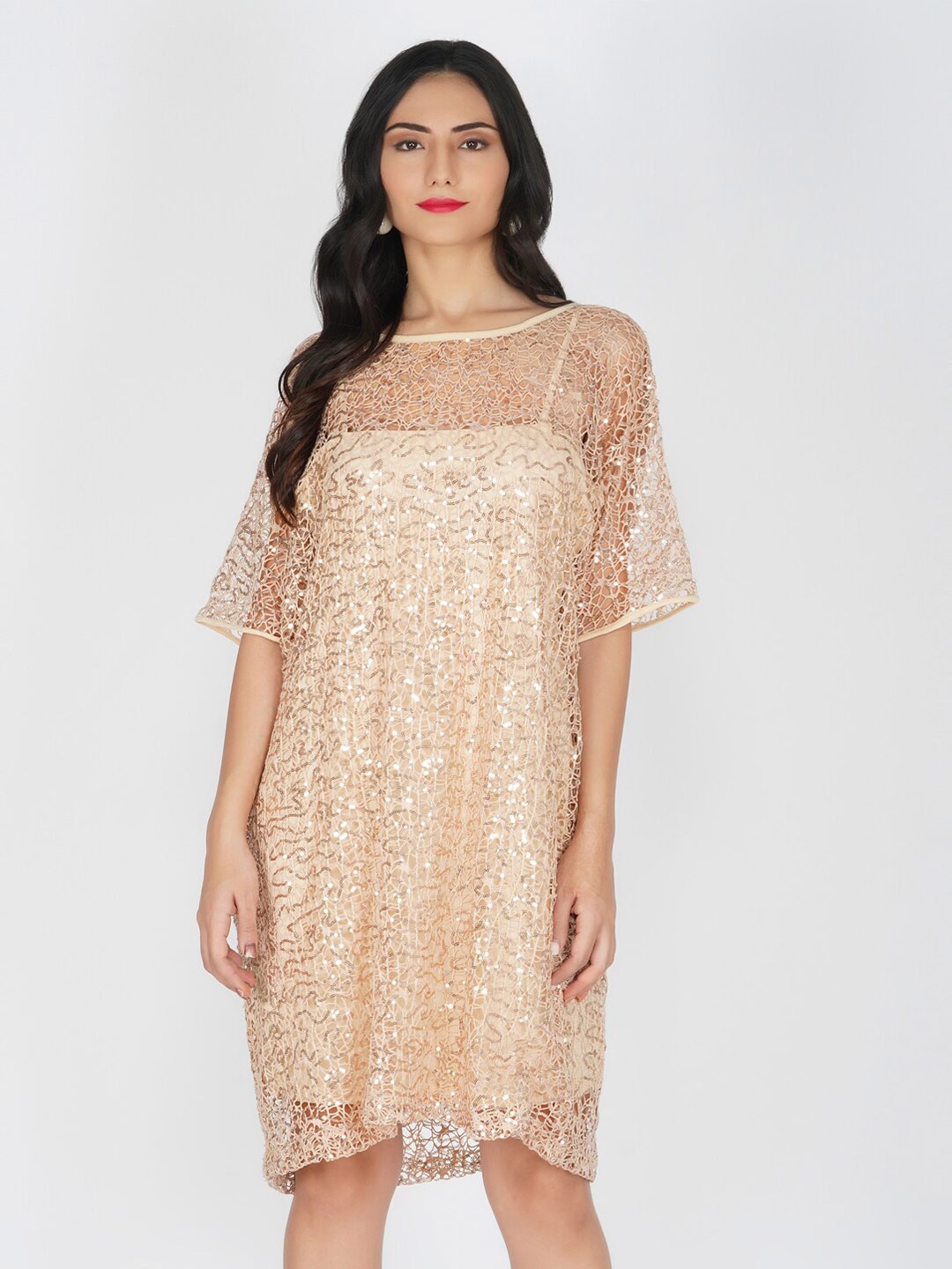 

KOVET Women Beige Self Design A-Line Crochet Dress