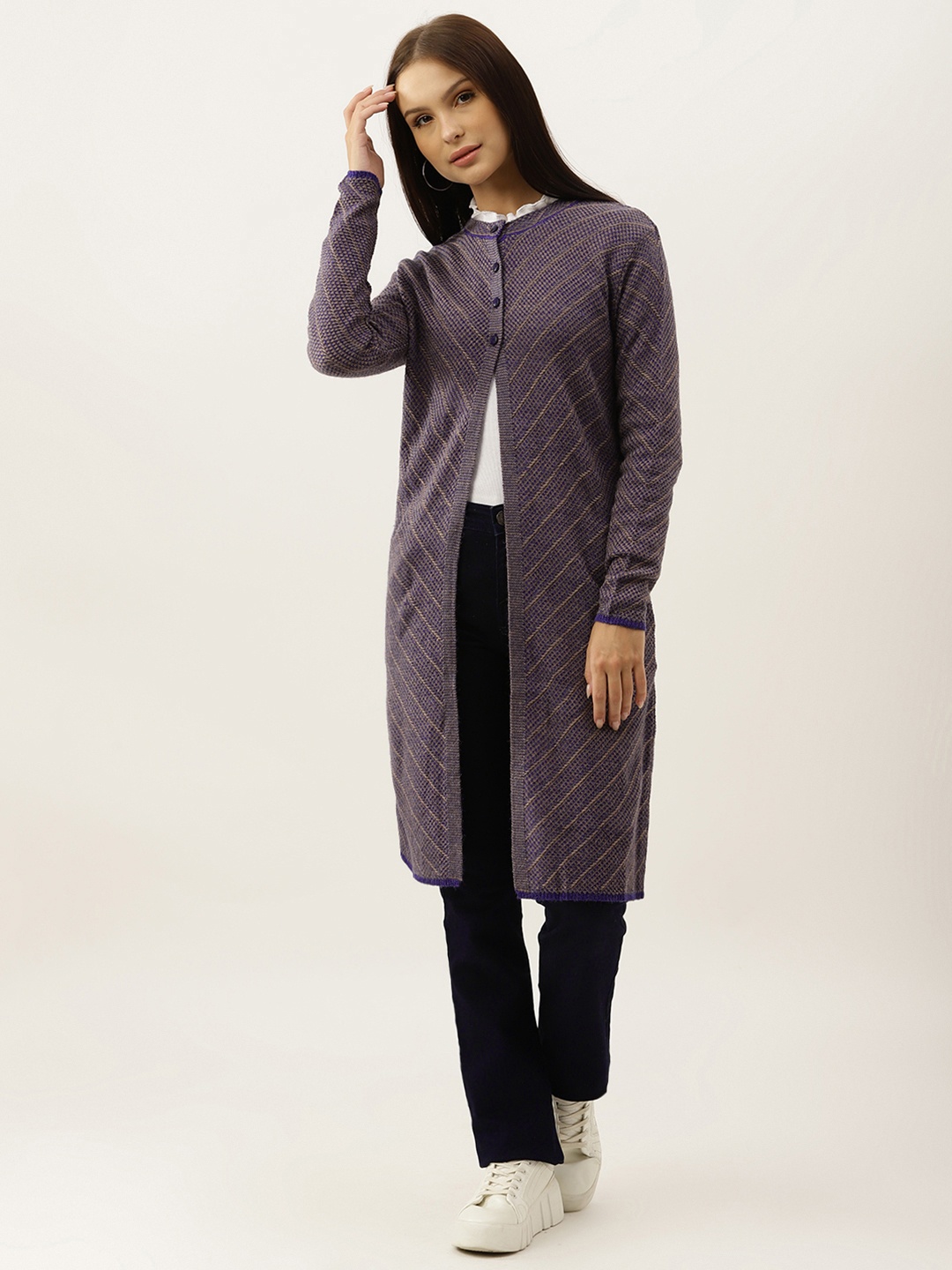 

BROOWL Women Mauve & Blue Woollen Self-Striped Longline Cardigan