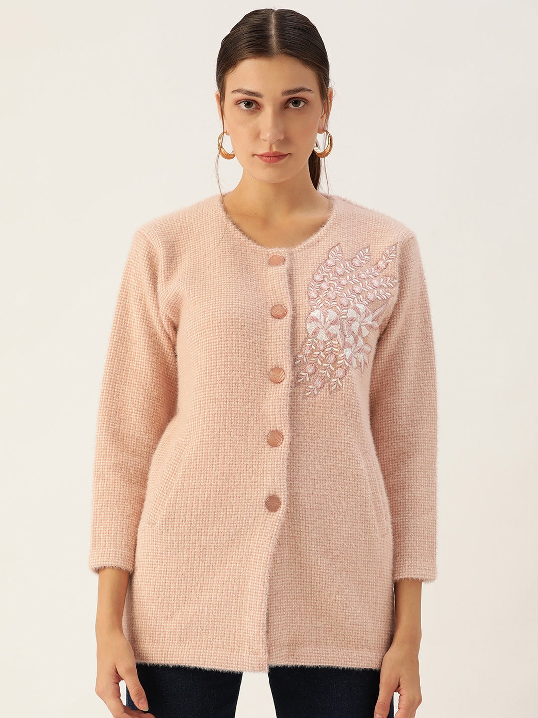 

BROOWL Women Peach-Coloured Floral Longline Woollen Cardigan with Embroidered Detail