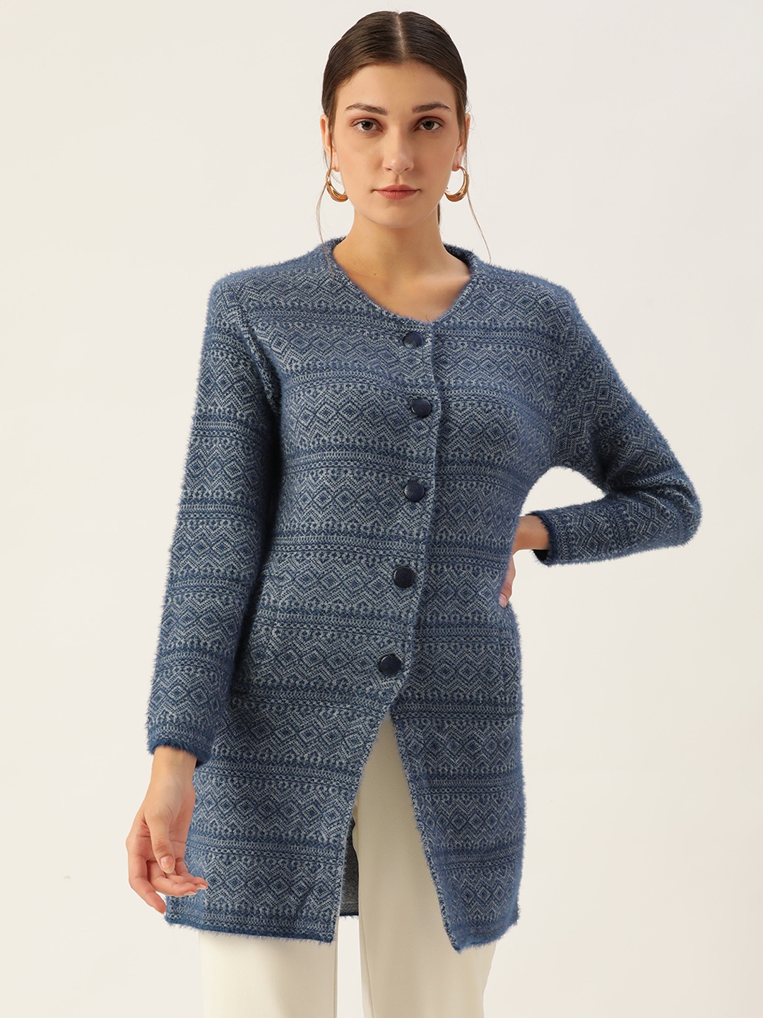 

BROOWL Women Navy Blue Printed Longline Woollen Cardigan