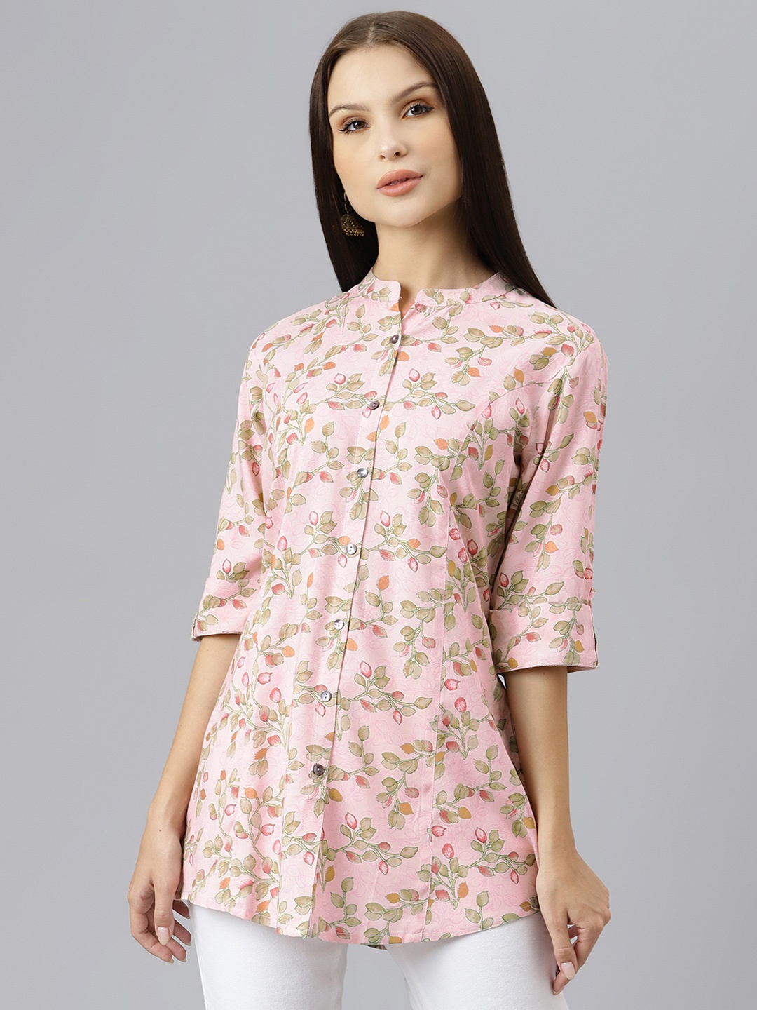 

Divena Pink Floral Print Mandarin Collar Roll-Up Sleeves Shirt Style Top
